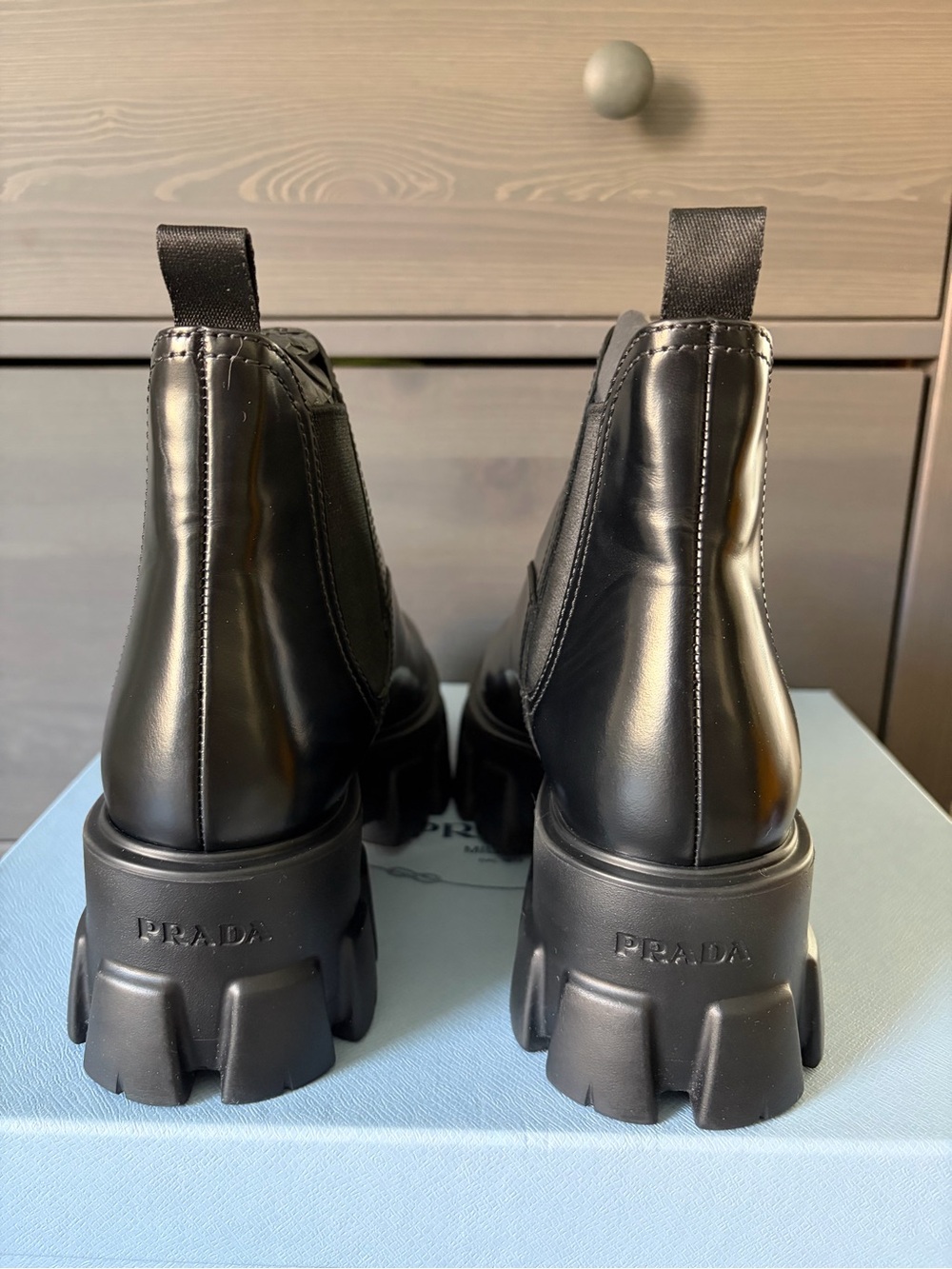 Prada Black Leather Lug-Sole Lace-Up Boots